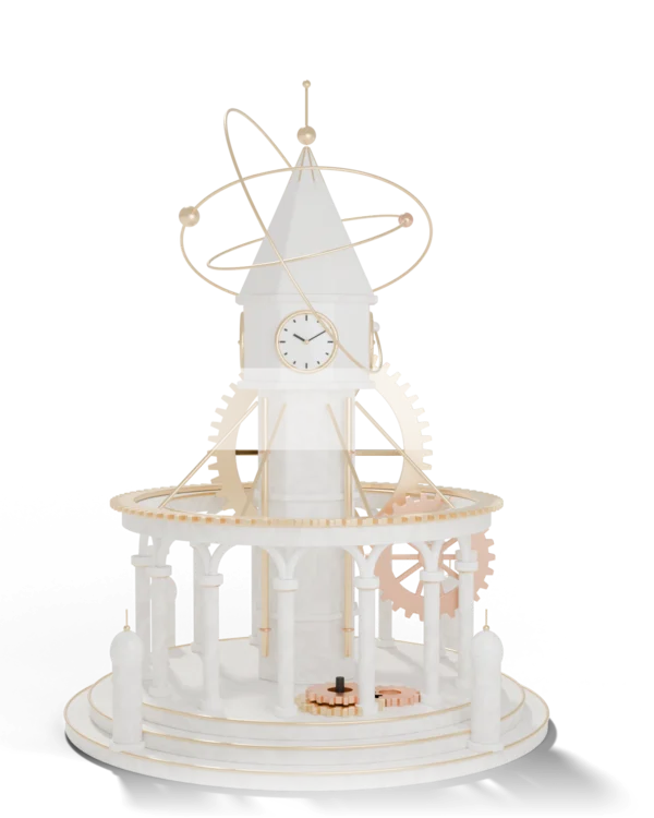 A white marble rotunda with a brass clockwork spire, crown gear and orrery.